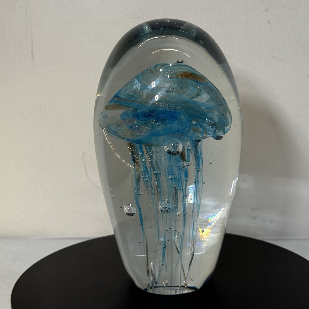 Dynasty Gallery Jellyfish Paperweight Art Glass 6.5" Glows Controlled Bubbles